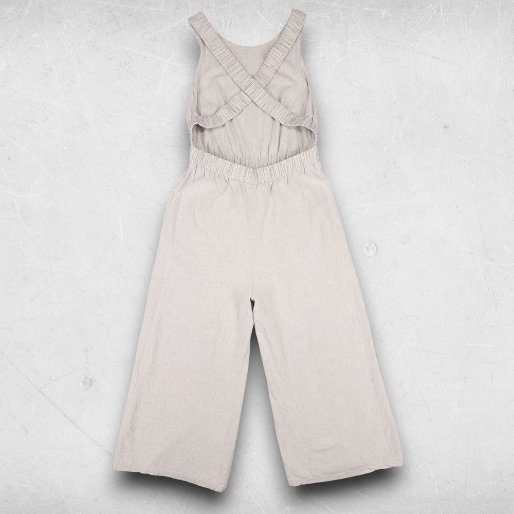 Hem & Thread Pant Jumpsuit Women M Beige Linen Blend Crossover Straps Boho 70s - Picture 2 of 12